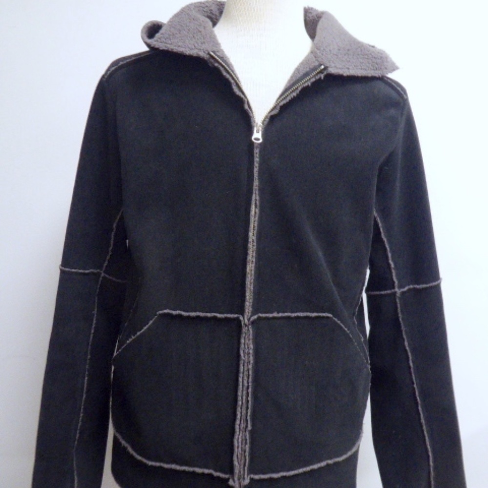 VELVETMEN BLACK gray SHERPA ZIP HOODIE JACKET graham spencer faux suede L